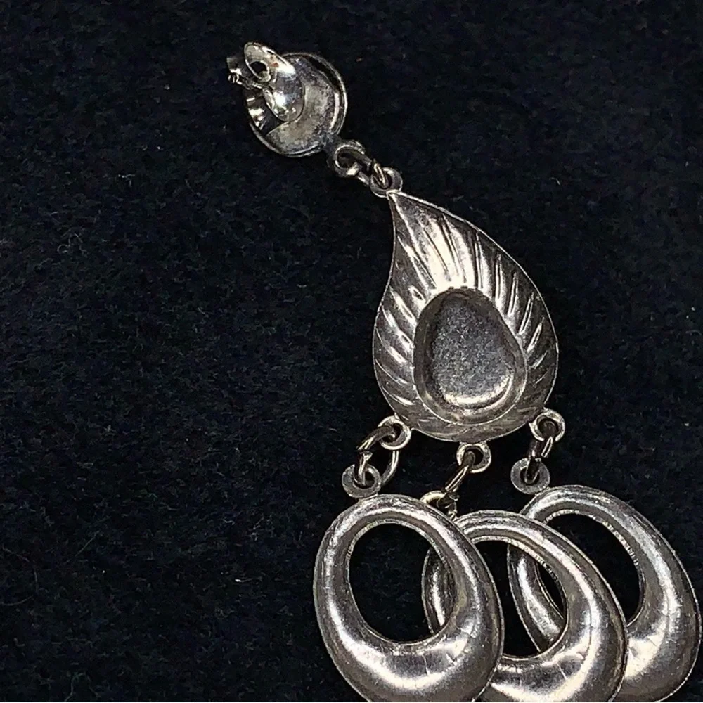 Vintage Rare Dark Silver Chrome Earrings Art Deco Dangle Chandelier Style Mod